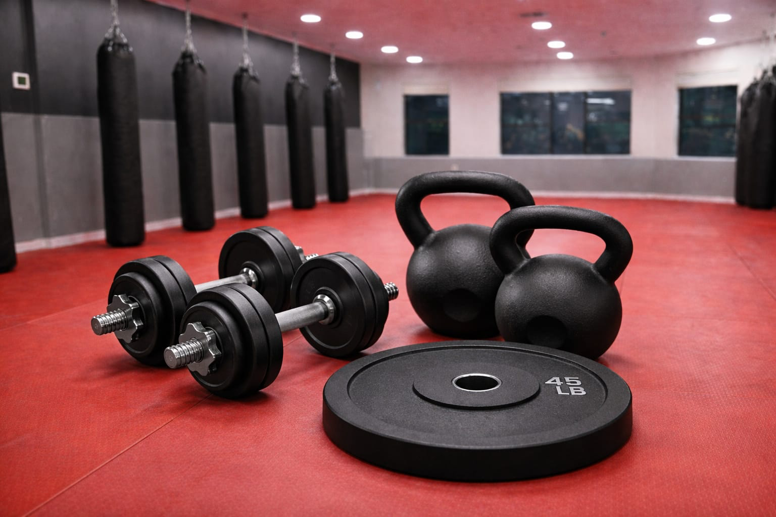 Dumbbells, kettlebells, and a weight plate on the Gibor gym floor